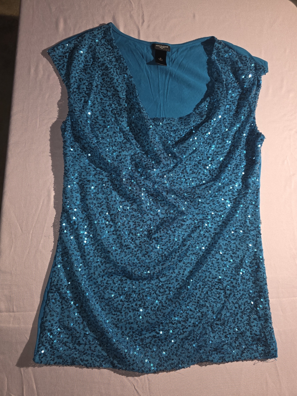 Ann Taylor Turquoise Sequin Cowl Neck Sleeveless Top